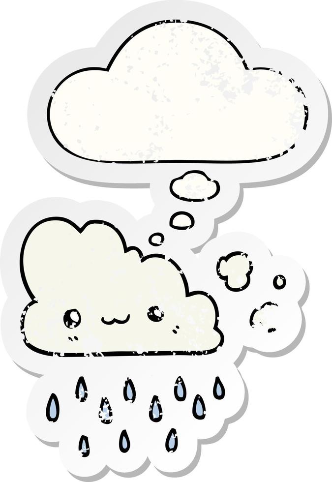 cartoon storm cloud and thought bubble as a distressed worn sticker vector