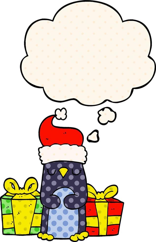 cute christmas penguin and thought bubble in comic book style vector