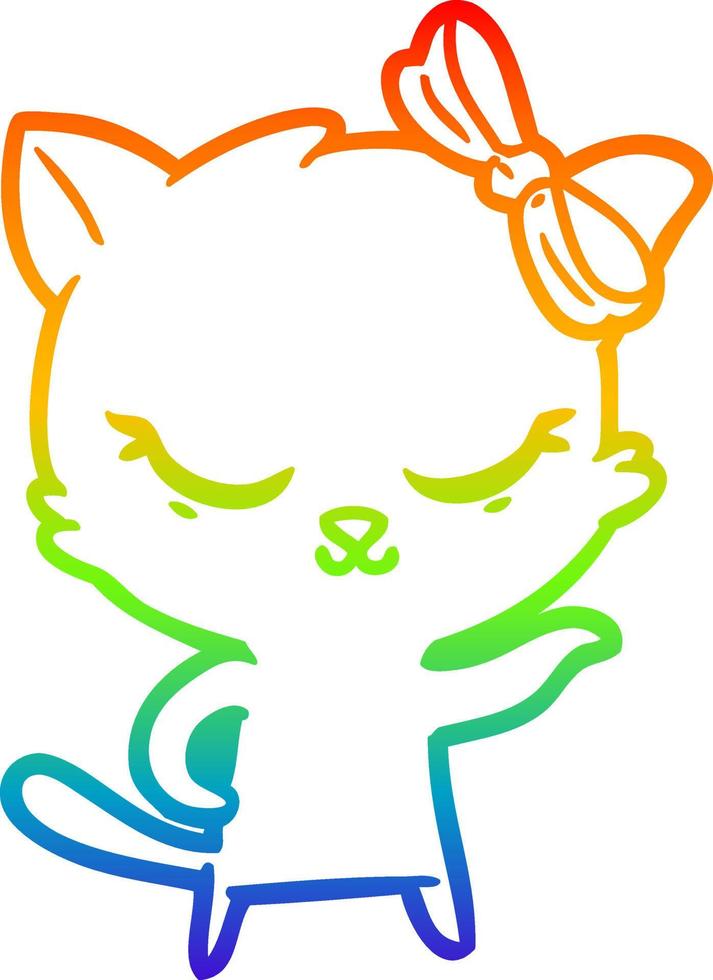 rainbow gradient line drawing cute cartoon cat with bow vector