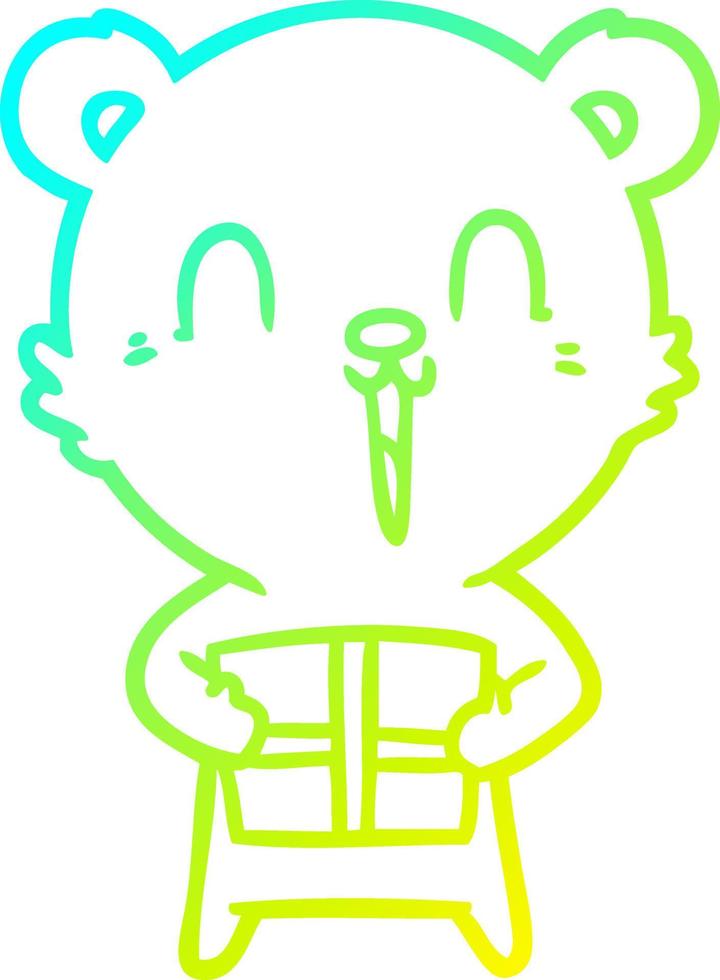 cold gradient line drawing happy cartoon bear with christmas gift vector