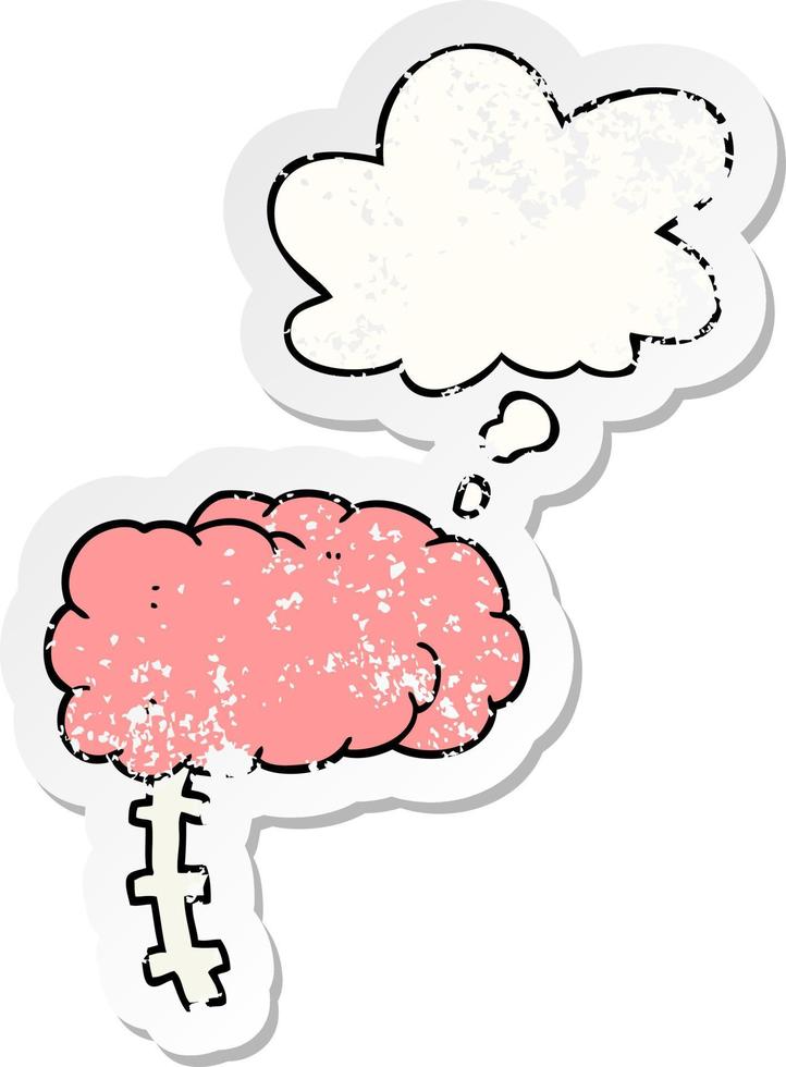 cartoon brain and thought bubble as a distressed worn sticker vector