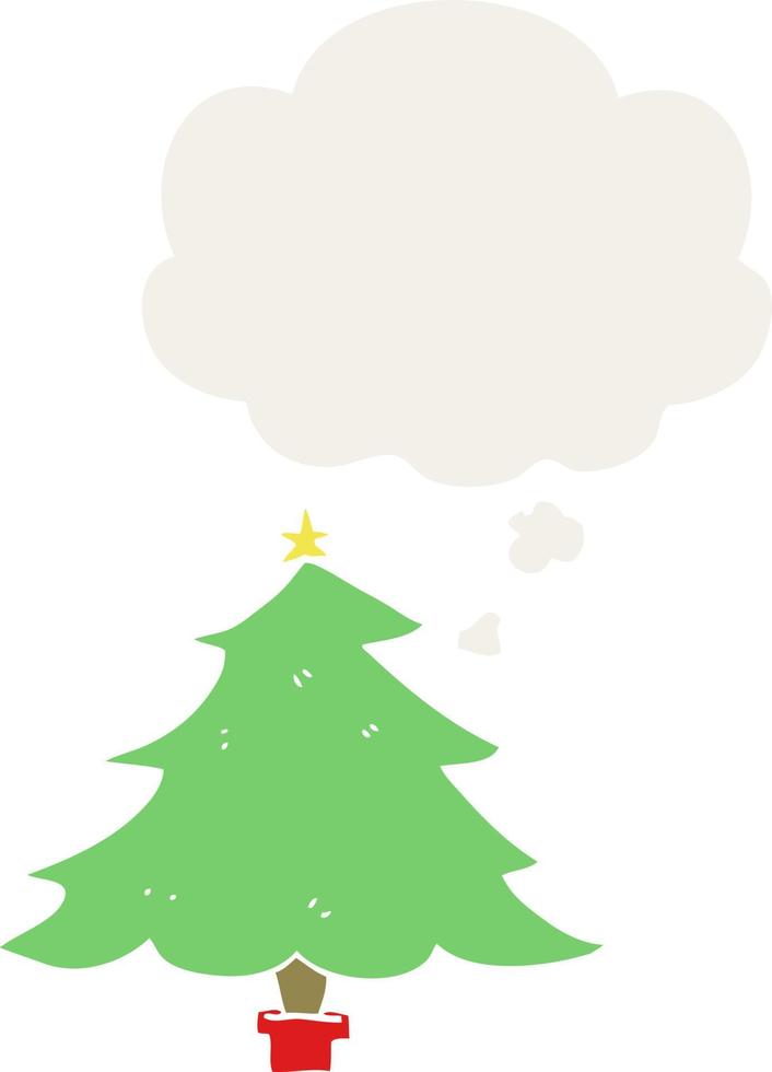 cartoon christmas tree and thought bubble in retro style vector