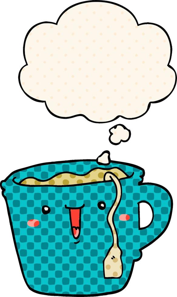 cute cartoon coffee cup and thought bubble in comic book style vector