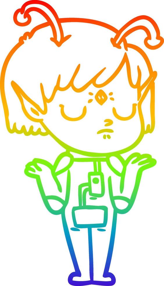 rainbow gradient line drawing cartoon alien girl vector