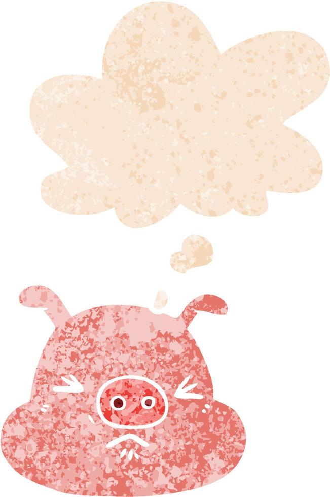 cartoon angry pig face and thought bubble in retro textured style vector