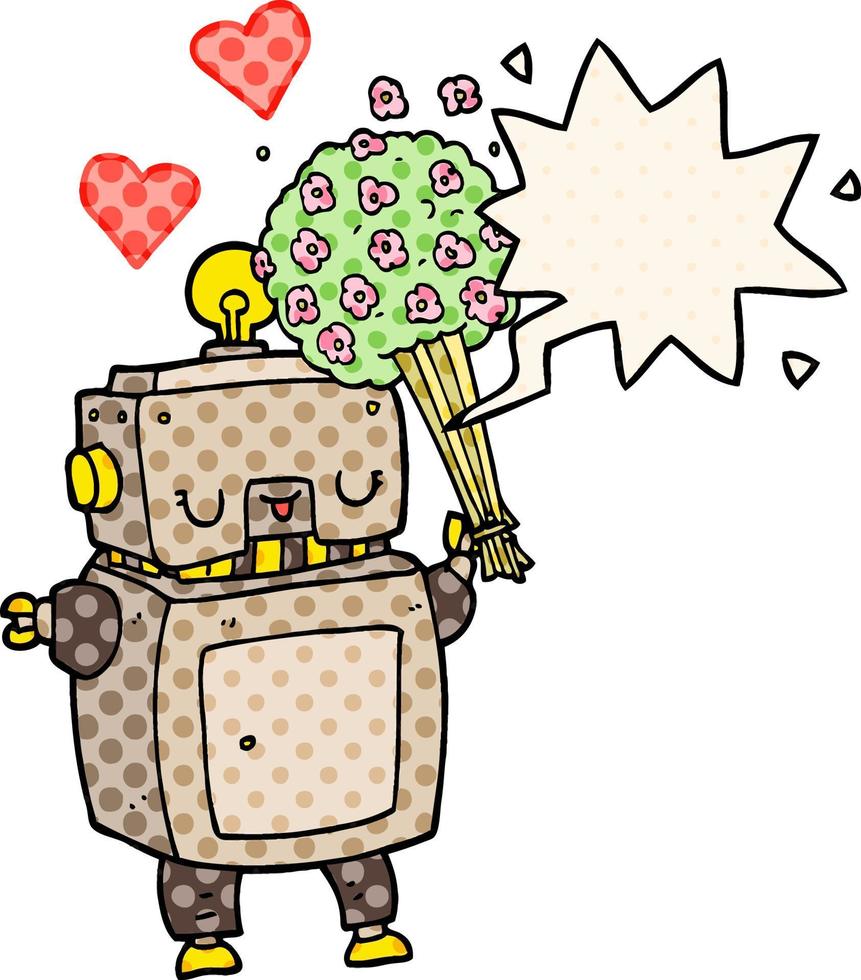 cartoon robot in love and speech bubble in comic book style vector