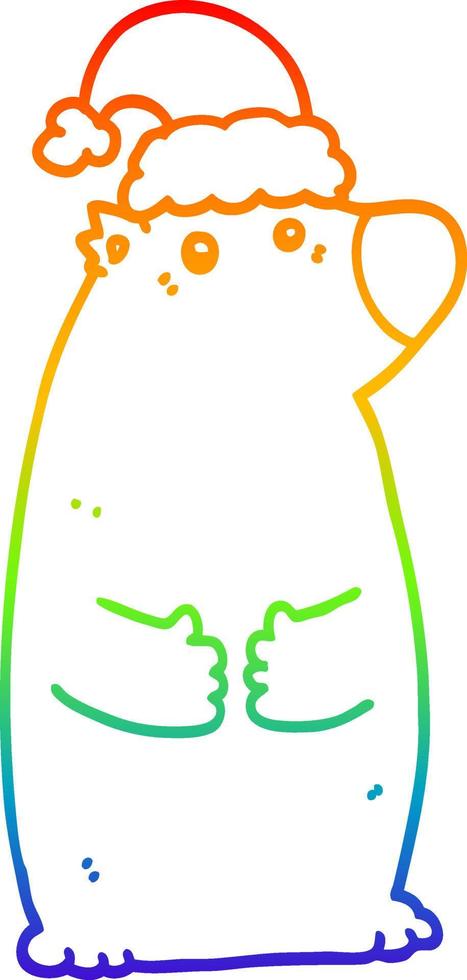 rainbow gradient line drawing cartoon bear wearing christmas hat vector