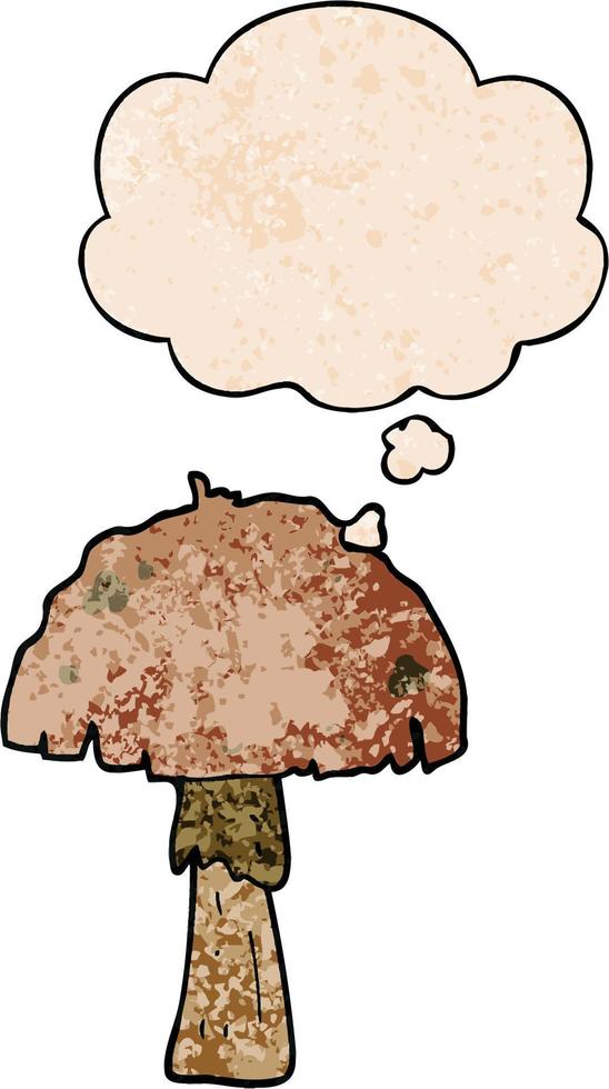 cartoon mushroom and thought bubble in grunge texture pattern style vector