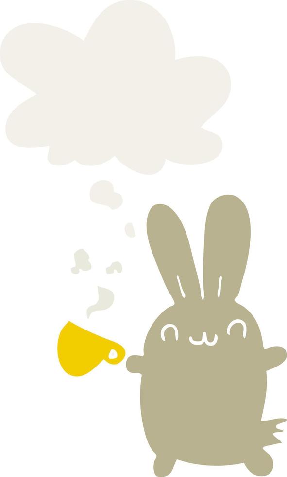 cute cartoon rabbit drinking coffee and thought bubble in retro style vector