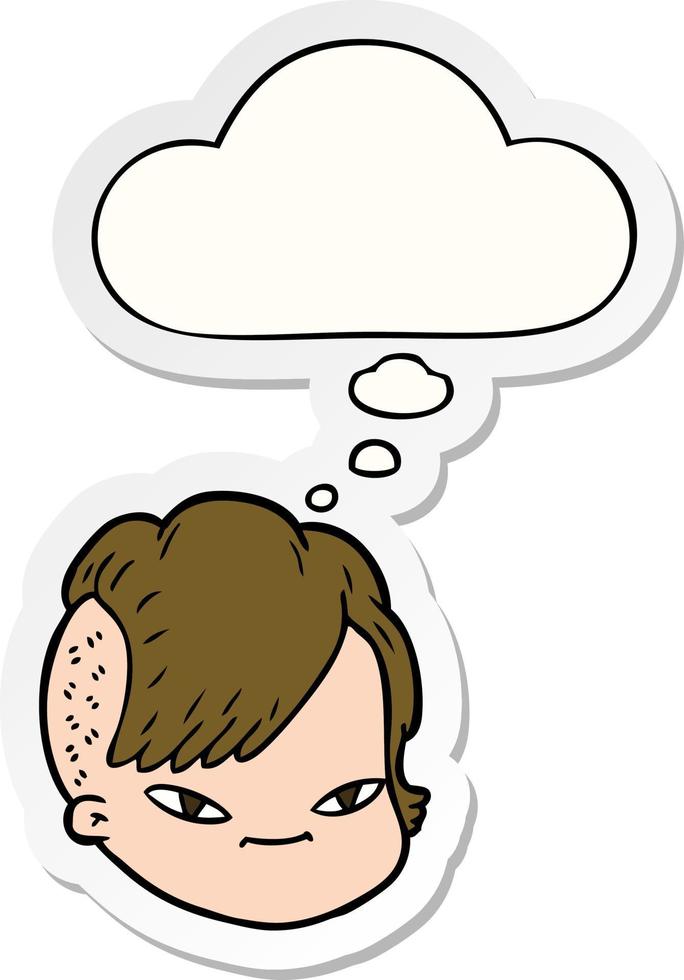 cartoon female face and thought bubble as a printed sticker vector