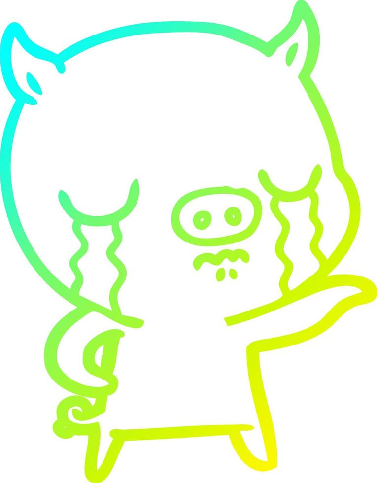 cold gradient line drawing cartoon pig crying pointing vector