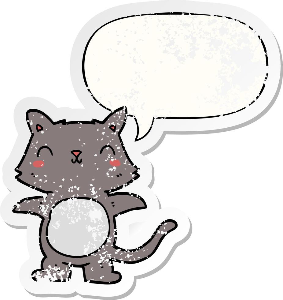 cartoon cat and speech bubble distressed sticker vector