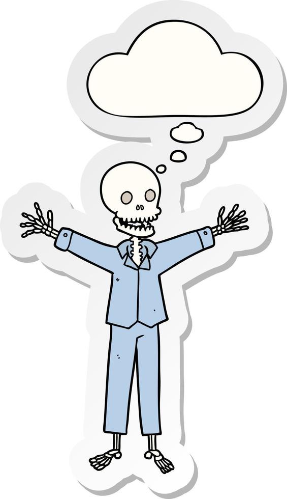 cartoon skeleton wearing pajamas and thought bubble as a printed sticker vector