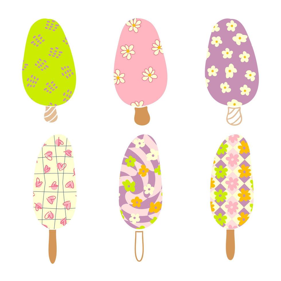 colección retro seis helados de paleta texturizados al estilo de los años 60. vector
