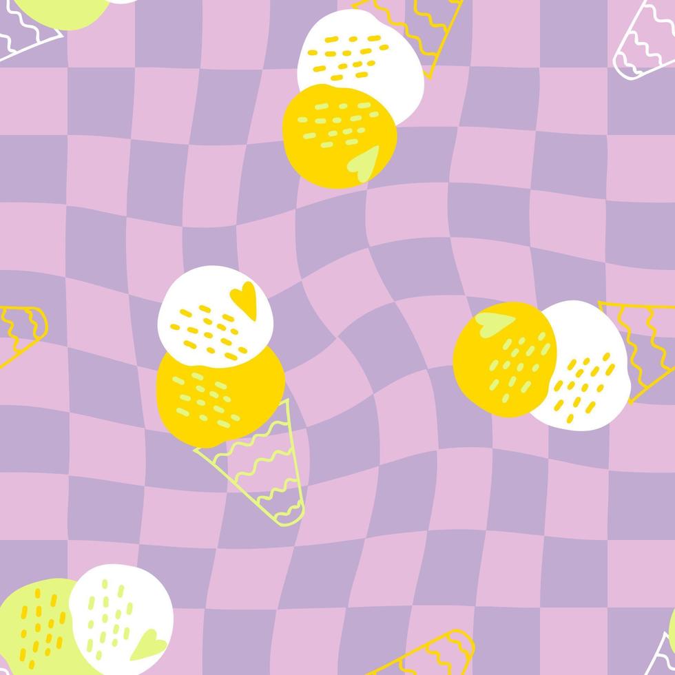 Checkered vintage ice cream seamless pattern in 1960 style. vector