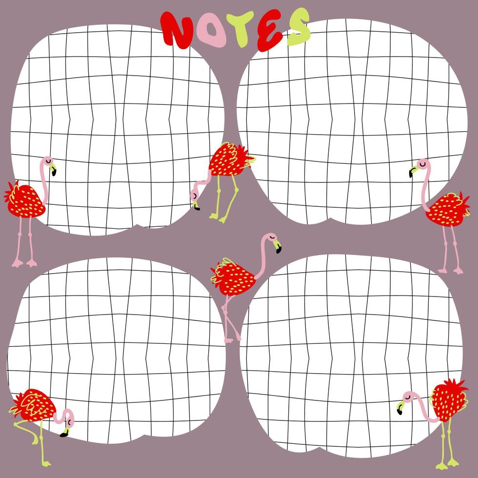 Doodle template notes list with distorted grid and strawberry flamingo. vector