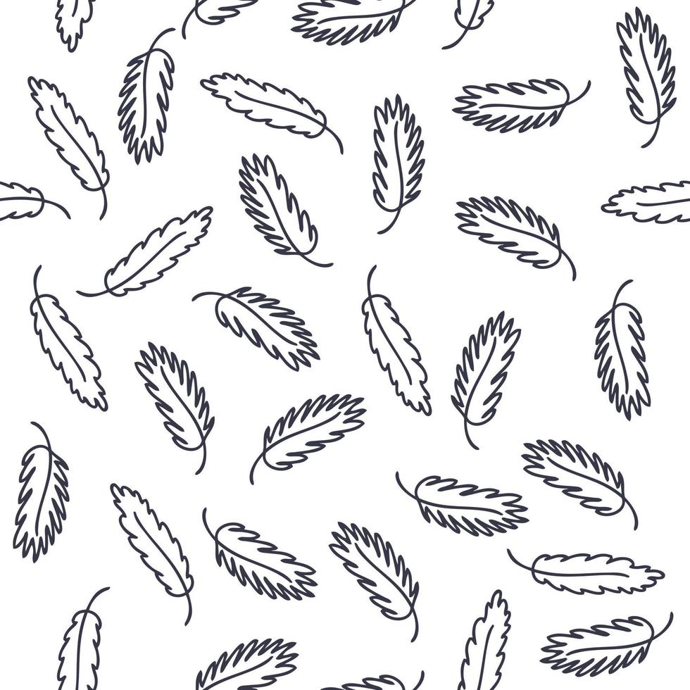 Monochrome seamless pattern with contour feathers. vector