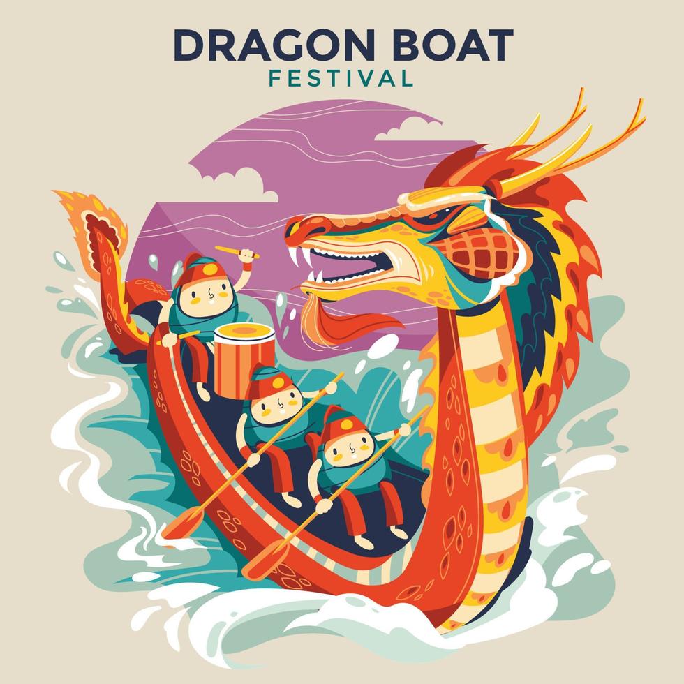 Cute Zongzi and Boat Illustration for Dragon Boat Festival Concept vector