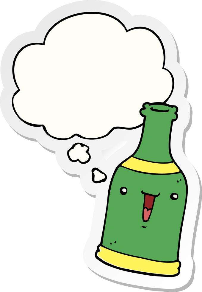 cartoon beer bottle and thought bubble as a printed sticker vector