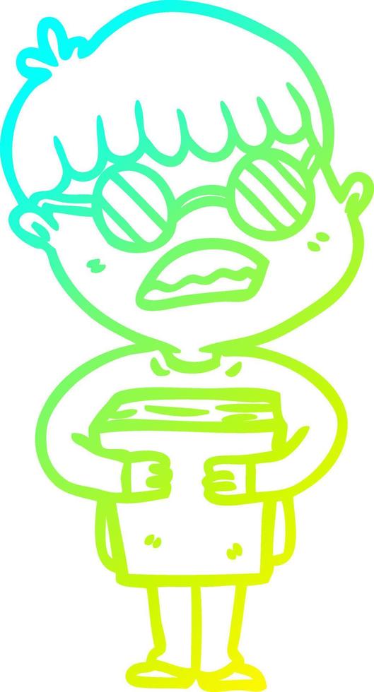 cold gradient line drawing cartoon boy hugging book wearing spectacles vector