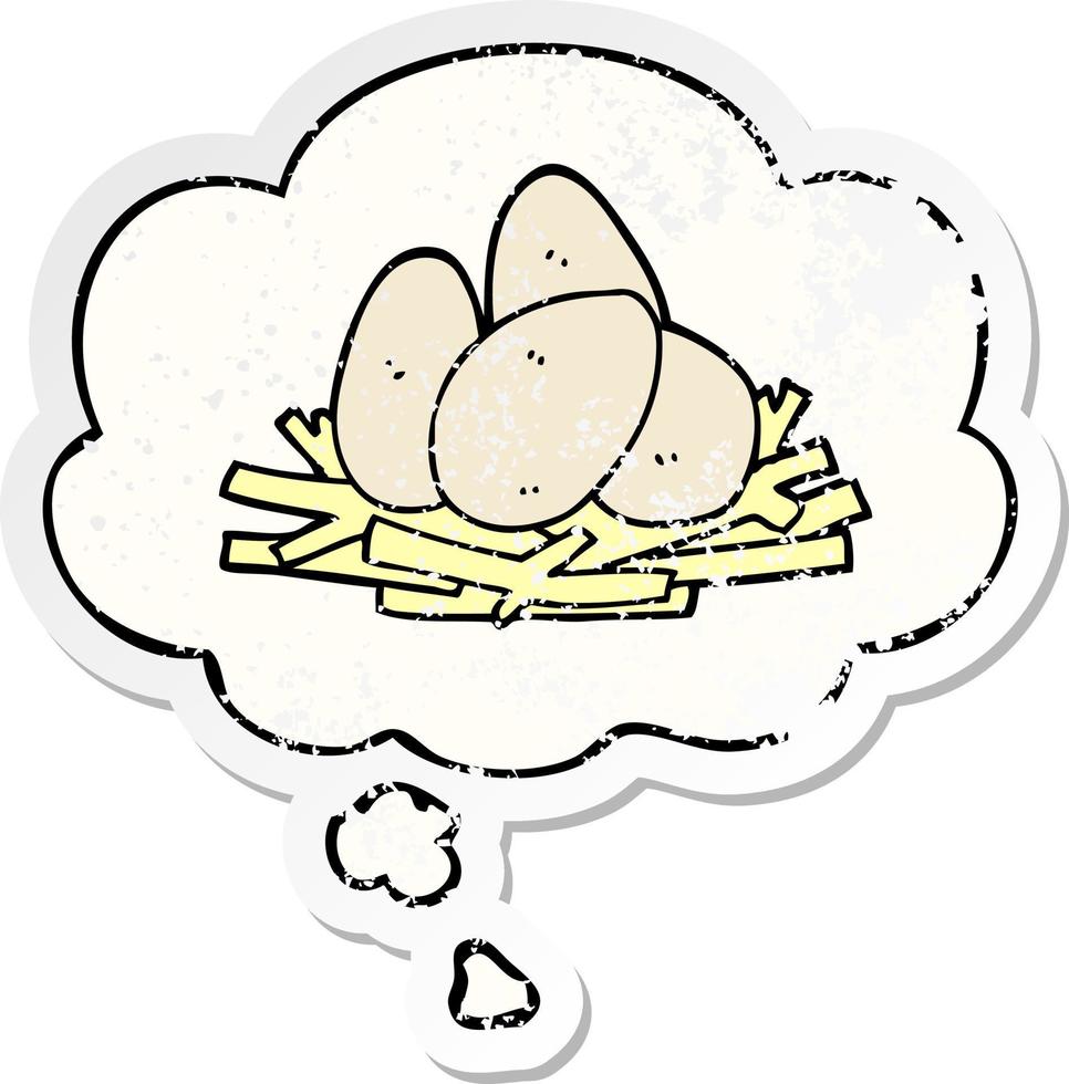 cartoon eggs in nest and thought bubble as a distressed worn sticker vector