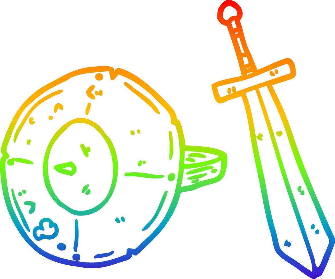 rainbow gradient line drawing old gladiator shield and sword vector