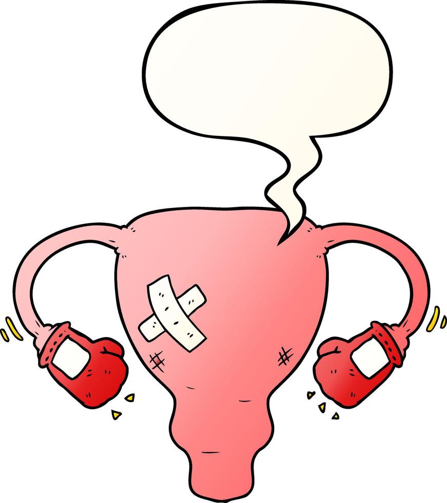 cartoon beat up uterus and boxing gloves and speech bubble in smooth gradient style vector