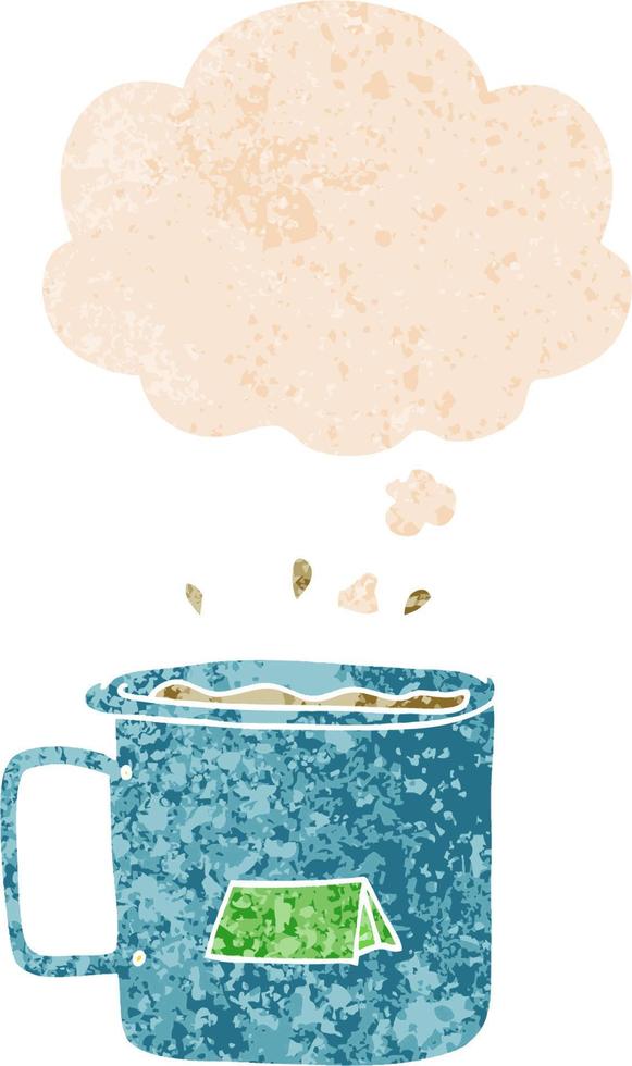 cartoon camping mug and thought bubble in retro textured style vector