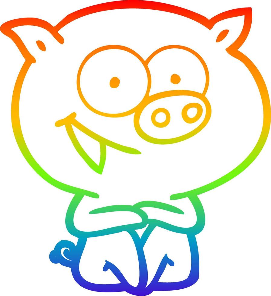 dibujo de línea de gradiente de arco iris dibujos animados de cerdo sentado alegre vector
