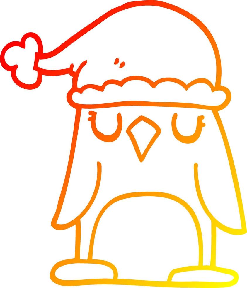 warm gradient line drawing cartoon penguin wearing christmas hat vector