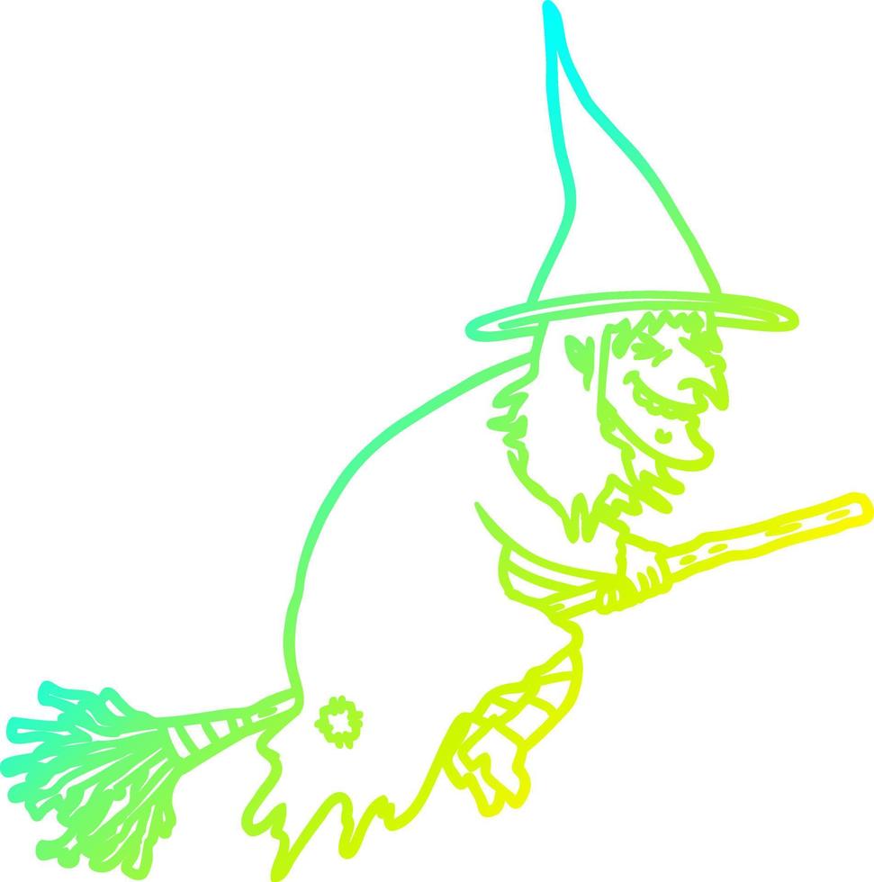 cold gradient line drawing cartoon witch on broom vector