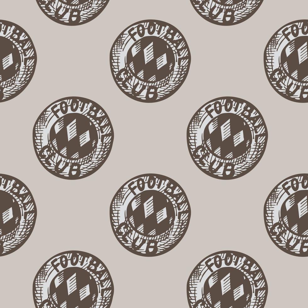 Football emblem engraving seamless pattern. Vintage background sport topic in hand drawn style. vector