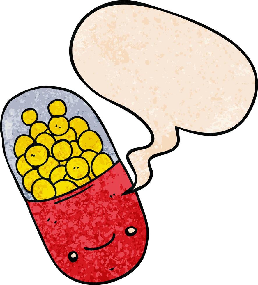 cartoon pill and speech bubble in retro texture style vector