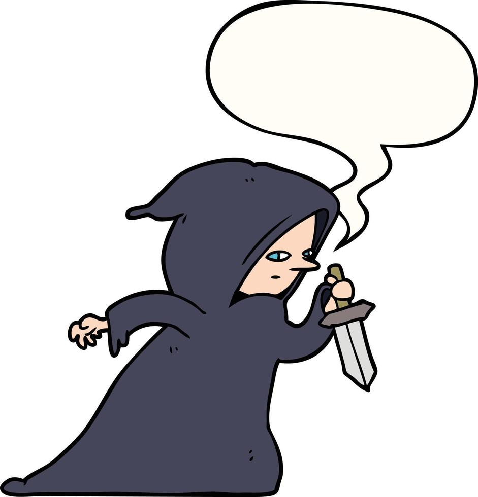 cartoon assassin in dark robe and speech bubble vector