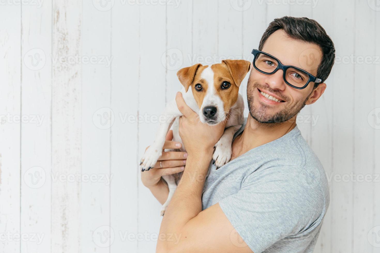 Horizontal portrait of handsome cheerful man, wears eyeglasses, holds jack russell terrirer, has glad expression, poses against white wooden wall with blank copy space. Animals and friendship photo