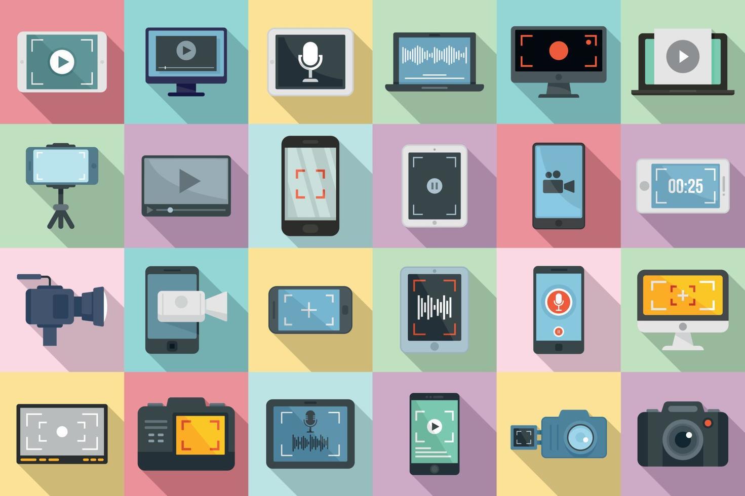 Screen recording icons set, flat style vector