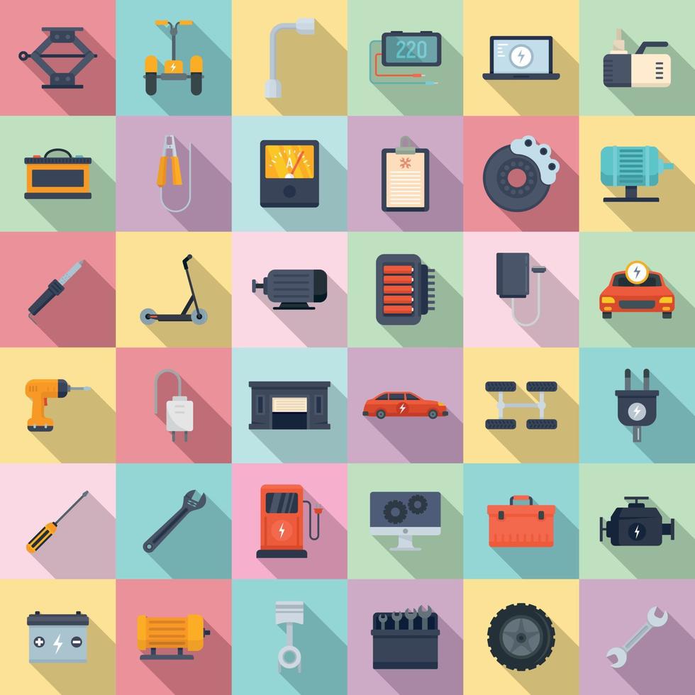 Electric vehicle repair icons set, flat style vector