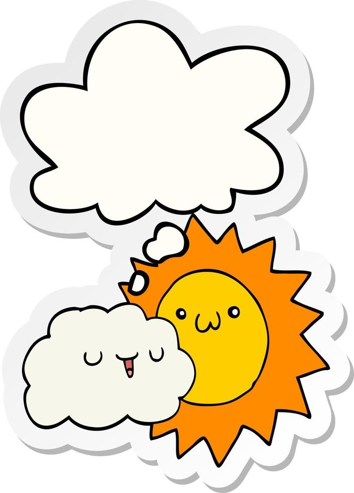 cartoon sun and cloud and thought bubble as a printed sticker vector