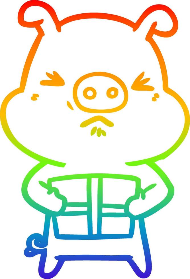rainbow gradient line drawing cartoon angry pig with christmas present vector