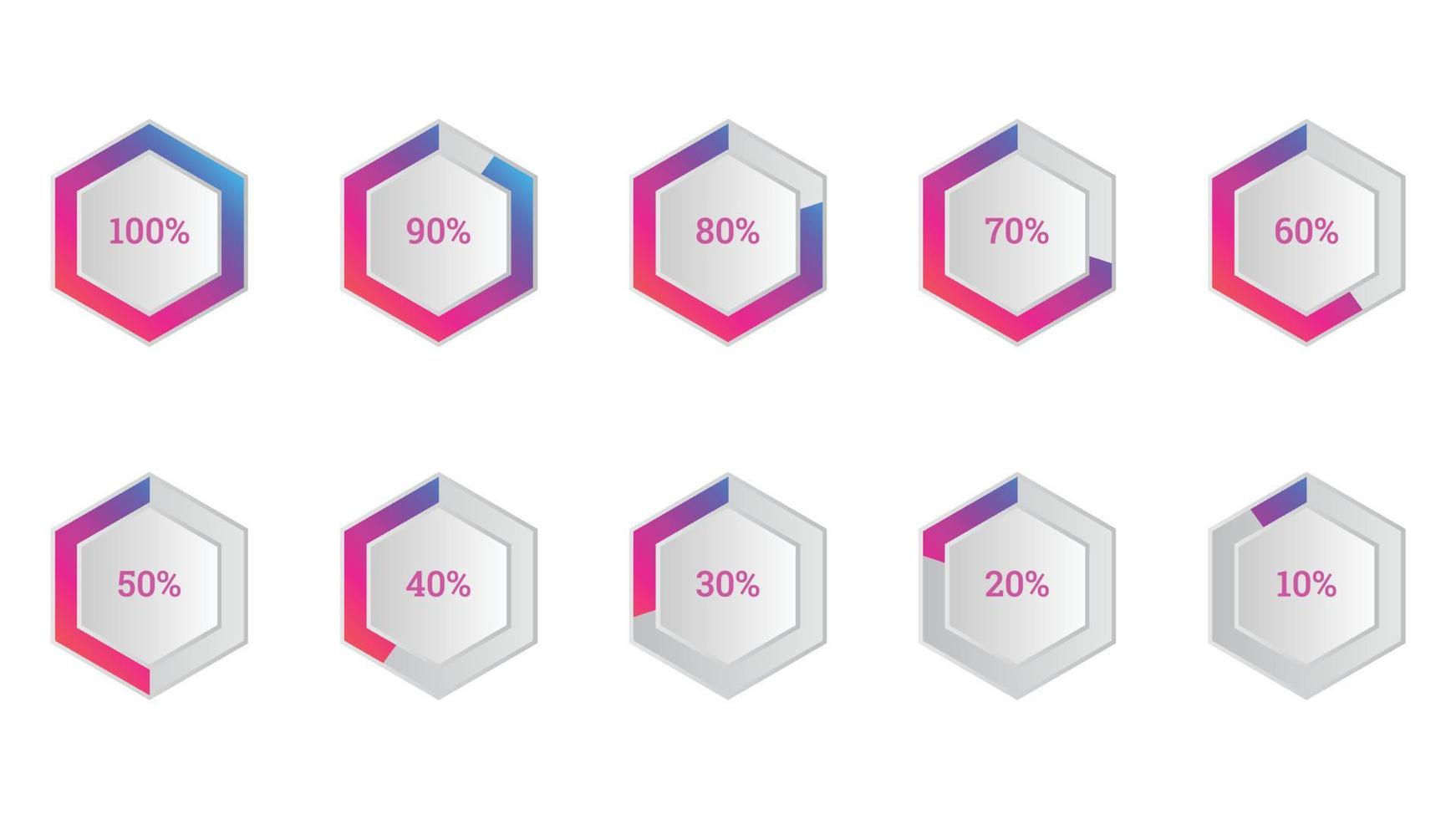 elementos infográficos porcentuales establecidos en forma de hexágono con indicador de progreso degradado vector