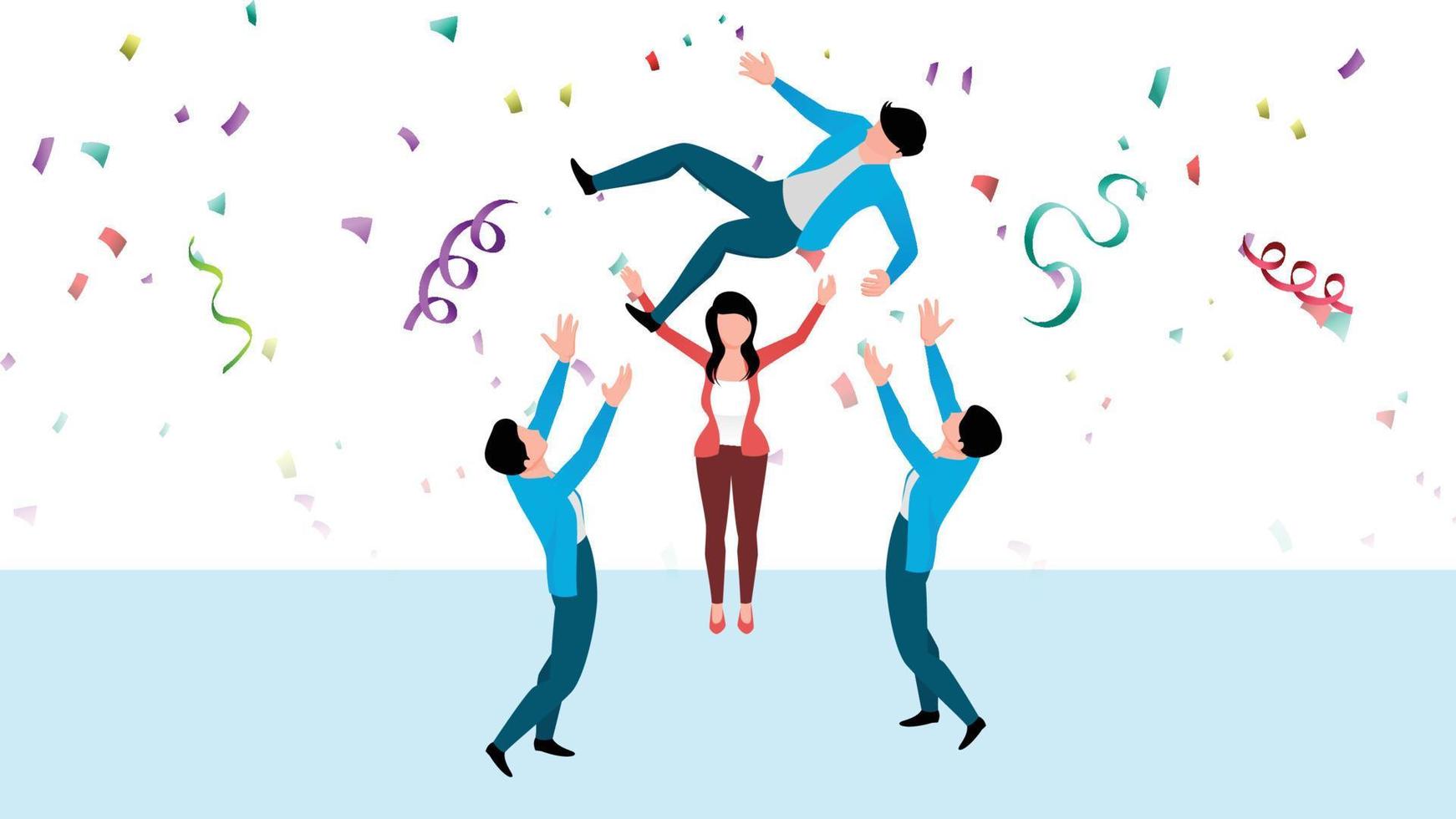 corporate success party flat character vector illustration on white background with vector confetti