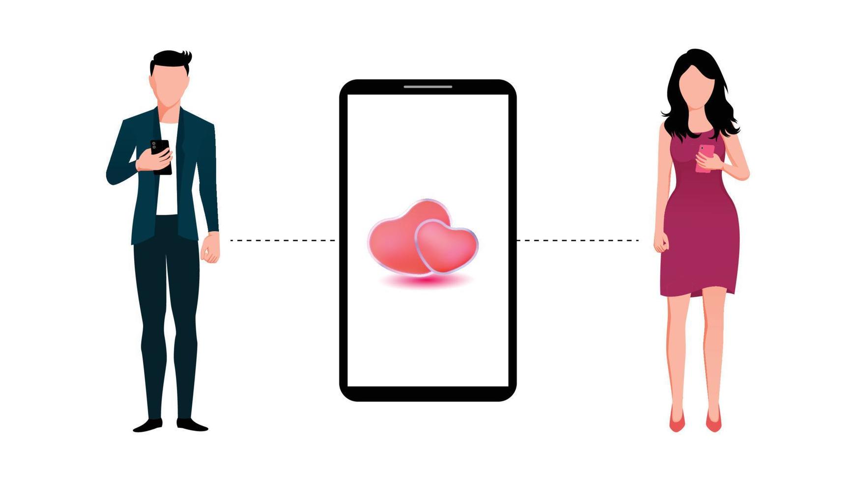 Online dating app couple matched flat character vector illustration with heart object in smartphone