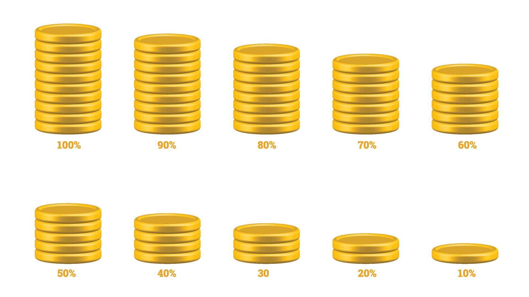 conjunto de objetos infográficos de porcentaje moderno en forma de pila de monedas 3d vector