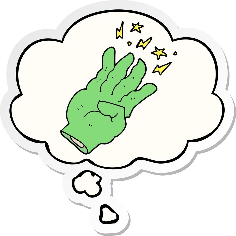 cartoon spooky magic hand and thought bubble as a printed sticker vector