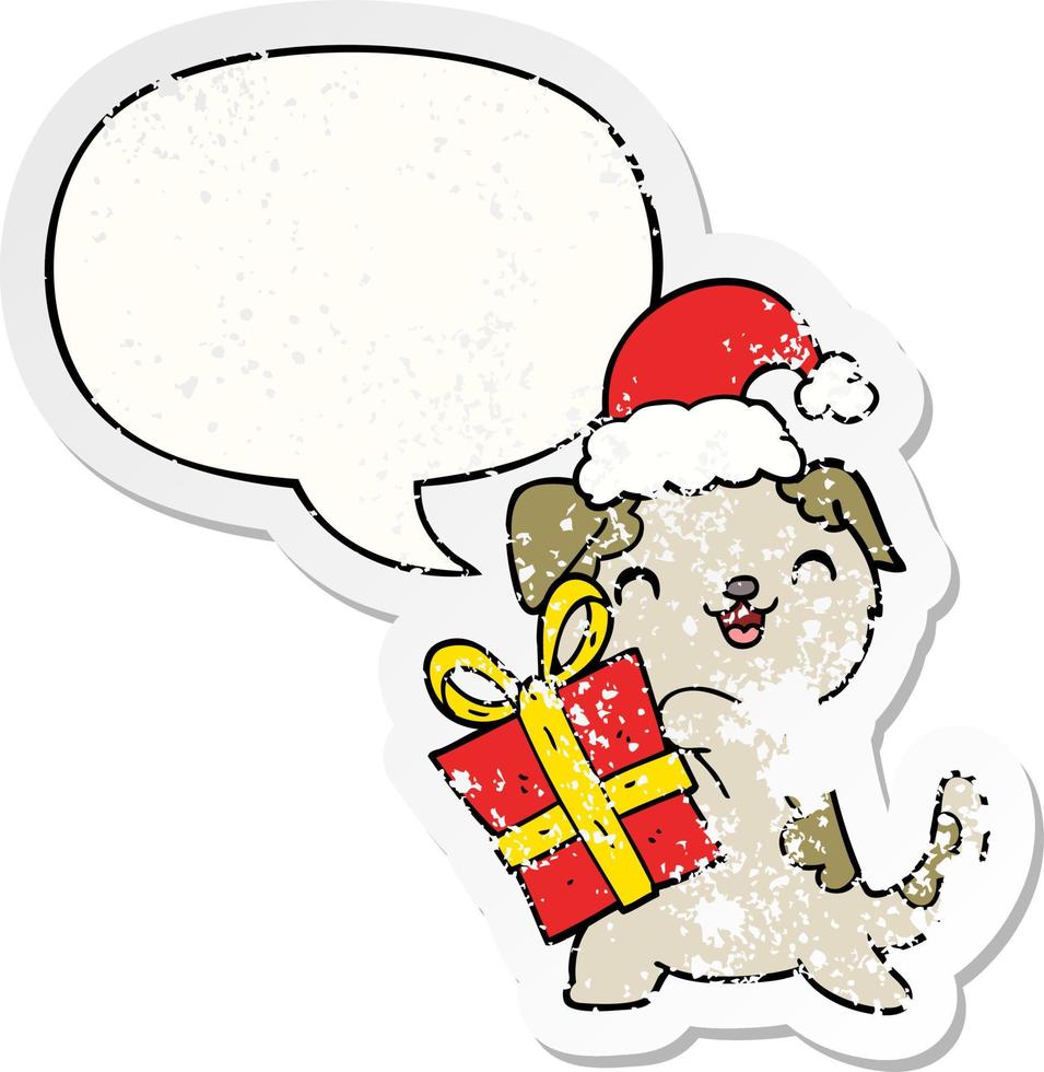 cute cartoon puppy and christmas present and hat and speech bubble distressed sticker vector