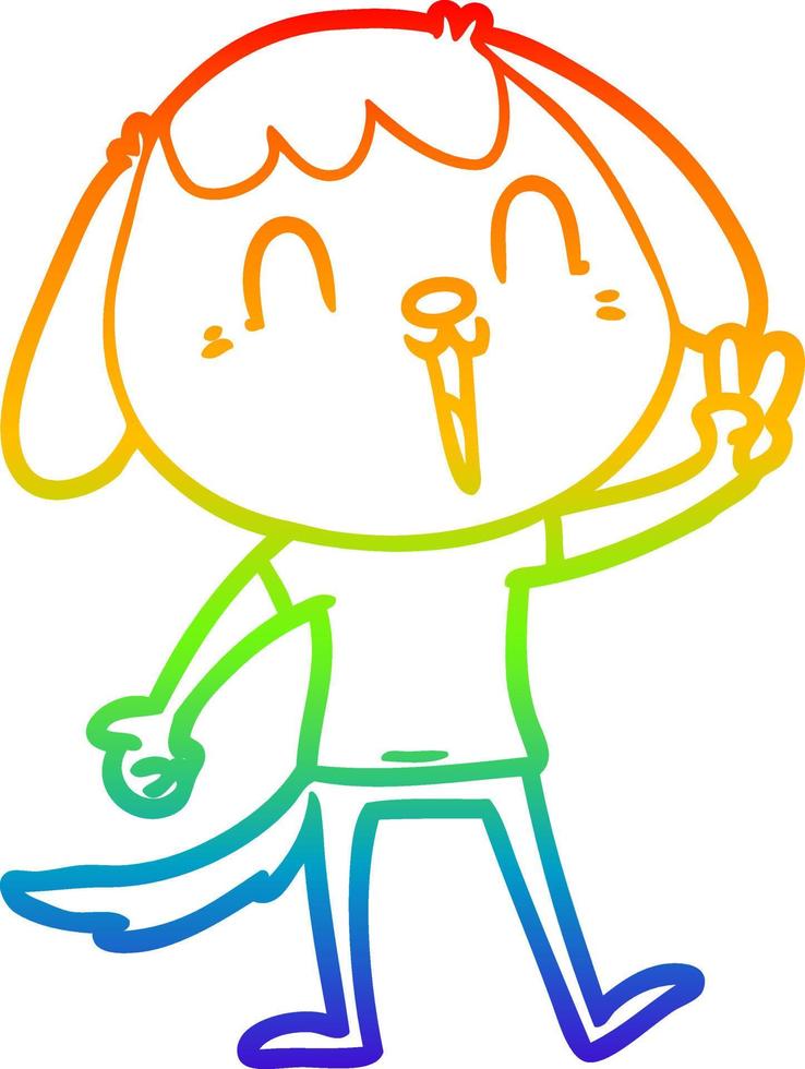 dibujo de línea de gradiente de arco iris perro de dibujos animados feliz dando señal de paz vector