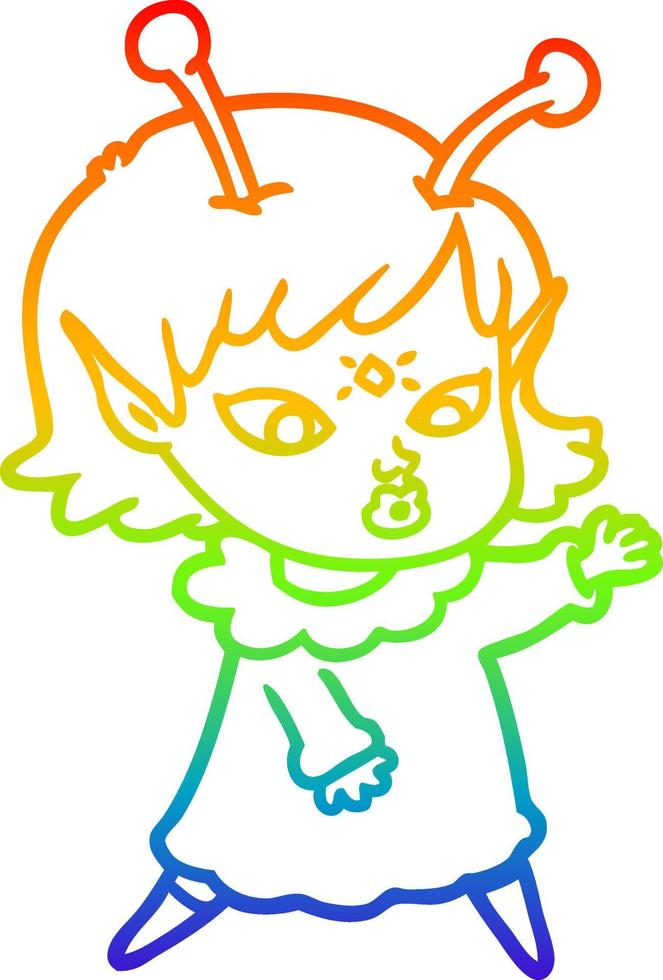 rainbow gradient line drawing pretty cartoon alien girl vector
