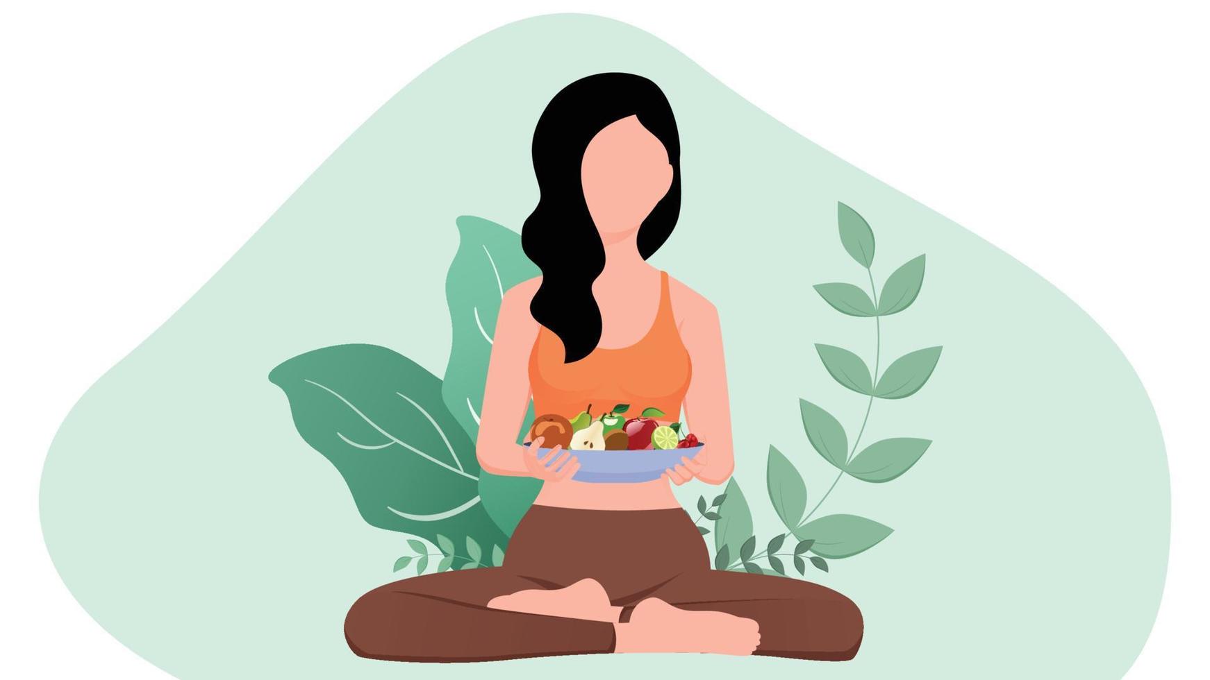 young woman holding bowl of healthy fruits flat character vector illustration on white background