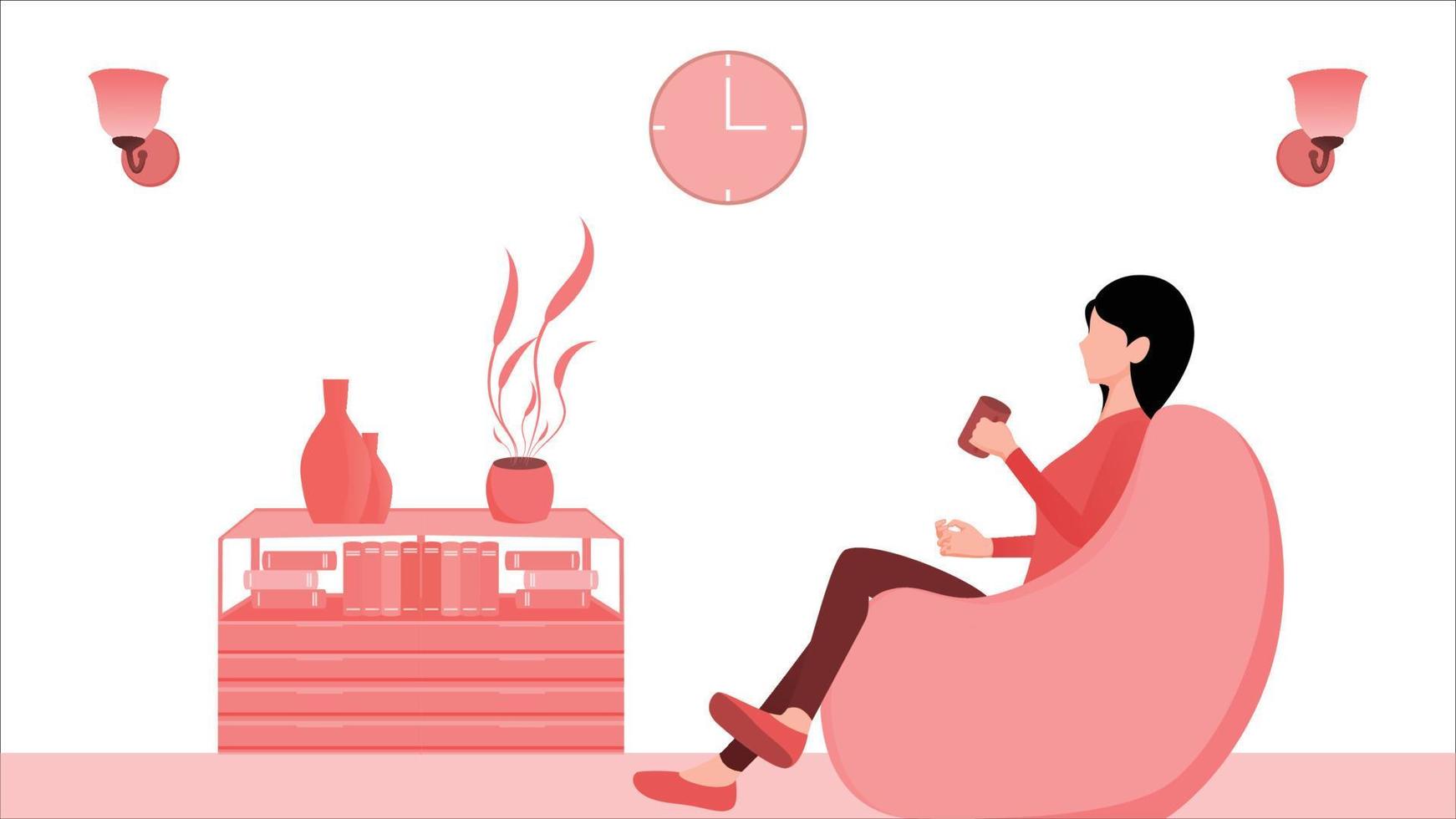 Women drinking coffee on recliner or bean bag vector illustration on living room interior background