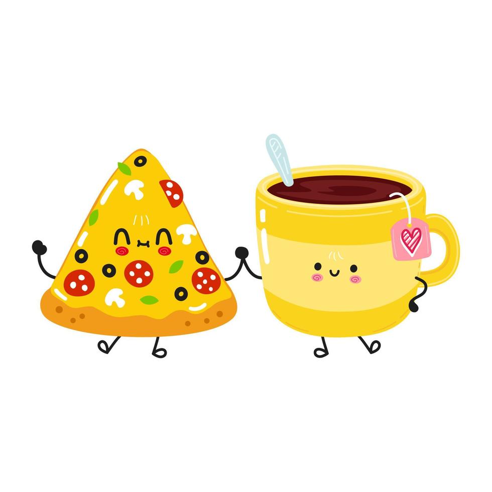 Cute happy cup of tea and pizza card. Vector hand drawn doodle style cartoon character illustration icon design. Happy cup of tea and pizza friends concept car